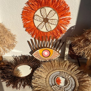 Natural Raffia Mirror, Handmade Farmhouse Decorative Mirror, Wooden Beads Mirror, Mirror Set of 4, Beach House Decor, Wall Mirror
