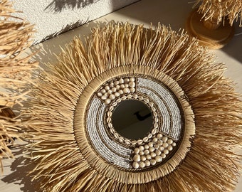 Raffia mirror wall decor, Boho mirror wall decor, Round mirror boho decor, Mirror Wall decor, Boho Decor round mirror - MIRROR RAFFIA