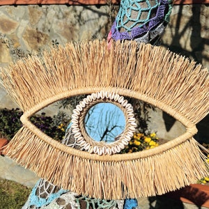Seashell Round Mirror I Handmade Raffia Decoration I Evil Eye Wall Decor I Fringed Raffia Mirror I Beach House Gift