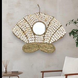 Oyster Wall Mirror Art, Made with Broken Seashells and Moss Rope, Coastal Seashell Decor, Decorative Mirror, Round Mirror, Beach House Decor