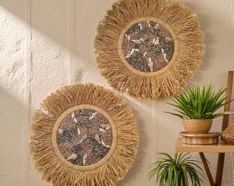 60cm Coastal Boho Raffia Wall Decor with Seashells | Handmade Natural Woven Wall Art | Beach House Wall Hanging | Sunburst Home Accent