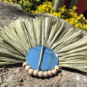Green Raffia Decorative Mirror I Irregular Sunburst Mirror I Handmade Mirror I Round Raffia Mirror I  Circle Mirror I Decorative Mirror