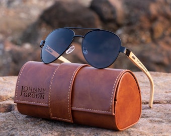 Gafas de sol de aviador personalizadas con funda de piel: regalos para padrinos de boda, regalos para bodas