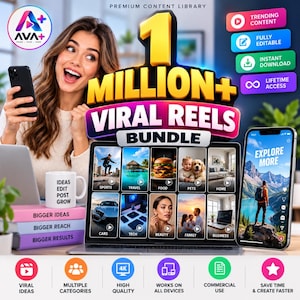 May include: A digital marketing bundle titled 1 Million+ Viral Reels Bundle featuring a laptop displaying various video categories, a smartphone showing a mountain landscape, a white mug with text, and stacked books labeled Bigger Ideas, Reach, and Results.