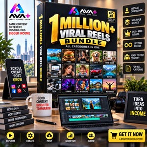 May include: A digital product bundle box titled 1 Million+ Viral Reels Bundle with various category thumbnails. Includes a laptop displaying video editing software, a smartphone on a stand, a white mug with text, and a sign reading Turn Ideas Into Income.
