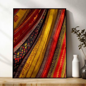 African Textile Print With Geometric Pattern In Red, Yellow and Brown Neutral Tones Printable, Colourful Fabric Artwork, Digital Download