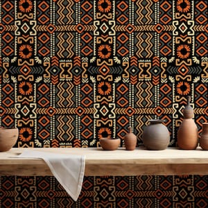 Afrozentrisch inspiriertes Schälen und Aufkleben Wandbild Tapete Ethnisches Muster Traditionelles Wandbild Schlammgemaltes Tuch Gemusterte Tapete, Afrikanisches Kunst Geschenk