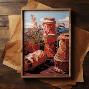 以下が含まれることがあります： 複雑な彫刻が施され、赤、茶色、白の配色で彩られた木製の太鼓が3つ。太鼓は、背景に鉢植えの植物がある静物画のように配置されています。