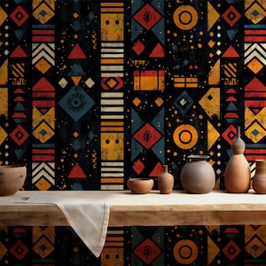 Papel tapiz con motivos africanos, papel tapiz étnico, papel tapiz bohemio africano, papel tapiz despegable y adhesivo, papel tapiz extraíble