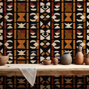 Afrikaans geïnspireerd Peel-and-Stick-muurschildering behang Bogolanpatroon Malinese katoenweefsel Traditionele muurschildering Moddergeschilderde doek patroonbehang
