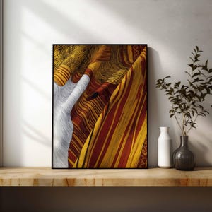 African Tribal Textile Print With Geometric Pattern In Red,, Yellow and White Neutral Tones Traditional Fabric Wall Art