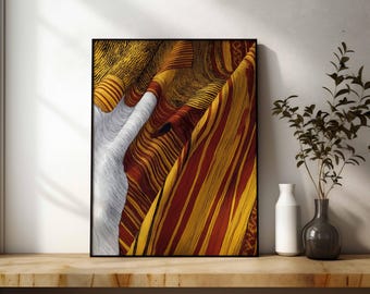 African Tribal Textile Print With Geometric Pattern In Red, Yellow and White Neutral Tones Printable Art Digital Download