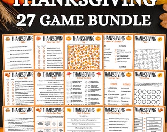 May include: A set of 27 Thanksgiving game cards with a variety of themes, including "I Spy", "True or False", "Find the Guest Bingo", and "Connect Four". The cards feature an autumnal colour palette with images of pumpkins, leaves, and acorns.