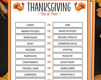 Thanksgiving This or That Game, Printable Thanksgiving Games and Activities, Thanksgiving Classroom Games, Thanksgiving Family Games