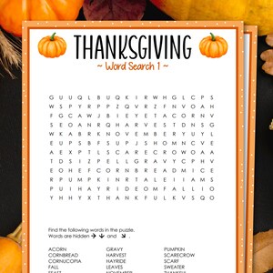 Thanksgiving Word Search, Printable Thanksgiving Games and Activities, Thanksgiving Classroom Games. Family Games, Office Games