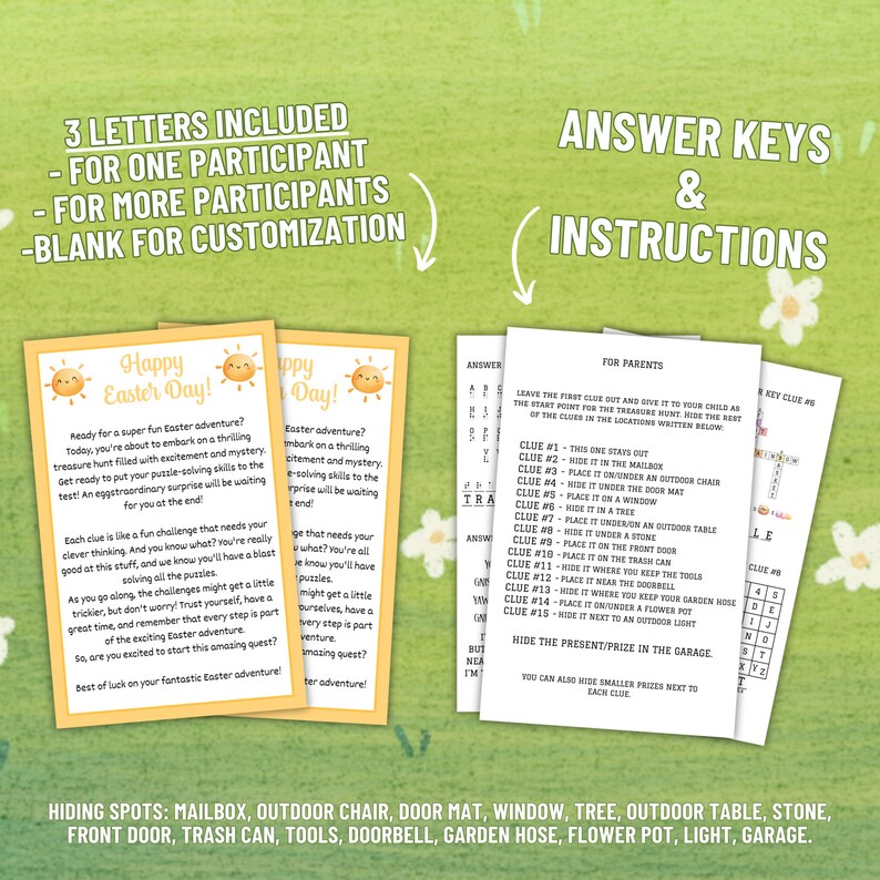 Op de afbeelding: Printbare paaseierenjacht met instructies voor ouders. Het spel bevat een reeks aanwijzingen die in huis of in de tuin kunnen worden verborgen. De aanwijzingen zijn geschreven in een leuk, kleurrijk lettertype met een zon- en paasei-ontwerp. Het spel is perfect voor kinderen van alle leeftijden.