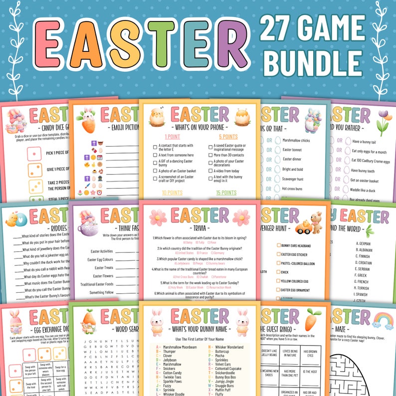 May include: A set of 27 printable Easter games for kids. The games include a variety of activities such as word searches, riddles, bingo, and a maze. The games are decorated with cute Easter bunnies and other festive imagery.