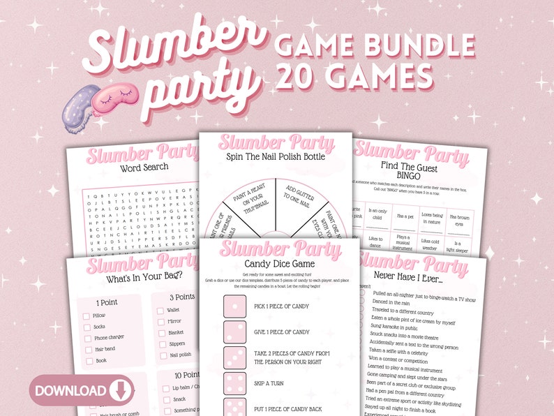 Slumber Party Games, Pajama Party , Sleepover Party, Game Bundle