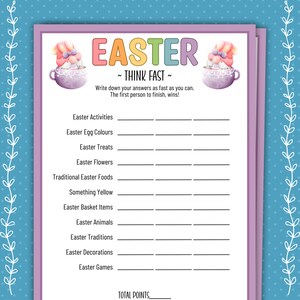 Easter Think Fast, Easter Party Games, Easter Classroom Games, Easter Family Games, Kids Easter Games, Printable Easter Games and Activities