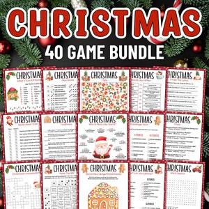 Könnte beinhalten: Ein Set mit 40 druckbaren Weihnachts-Spielen für Kinder und Erwachsene. Die Spiele beinhalten eine Vielzahl von Aktivitäten wie Wortsuche, Kreuzworträtsel, Quiz und Ich sehe was. Die Spiele sind mit festlichen Weihnachtsmotiven illustriert.