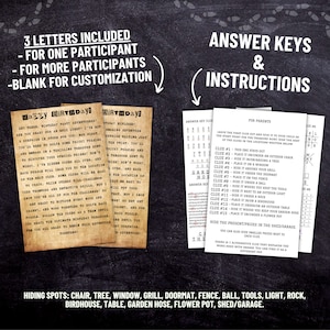 May include: A printable scavenger hunt game for a birthday party. The game includes instructions for parents and answer keys for the clues. The game is designed for one or more participants. The game includes a list of hiding spots for the clues, such as a chair, tree, window, grill, doormat, fence, ball, tools, light, rock, birdhouse, table, garden hose, flower pot, shed, and garage.