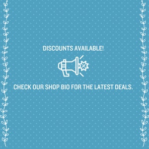 May include: A blue background with white polka dots and a white outline of a megaphone with a starburst and a percent sign. The text "DISCOUNTS AVAILABLE!" and "CHECK OUR SHOP BIO FOR THE LATEST DEALS." is in white.
