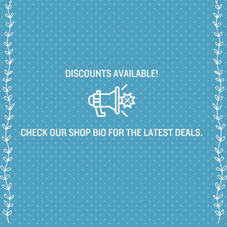 May include: A blue background with white polka dots and a white outline of a megaphone with a starburst and a percent sign. The text "DISCOUNTS AVAILABLE!" and "CHECK OUR SHOP BIO FOR THE LATEST DEALS." is in white.