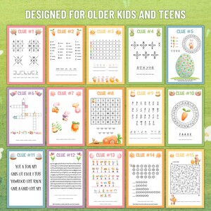 Op de afbeelding: Een printbaar paaseierenjacht spel voor oudere kinderen en tieners. Het spel bevat 15 aanwijzingen, elk met een andere puzzel of raadsel. De aanwijzingen zijn ge&iuml;llustreerd met schattige cartoonafbeeldingen van konijnen, wortels en eieren.