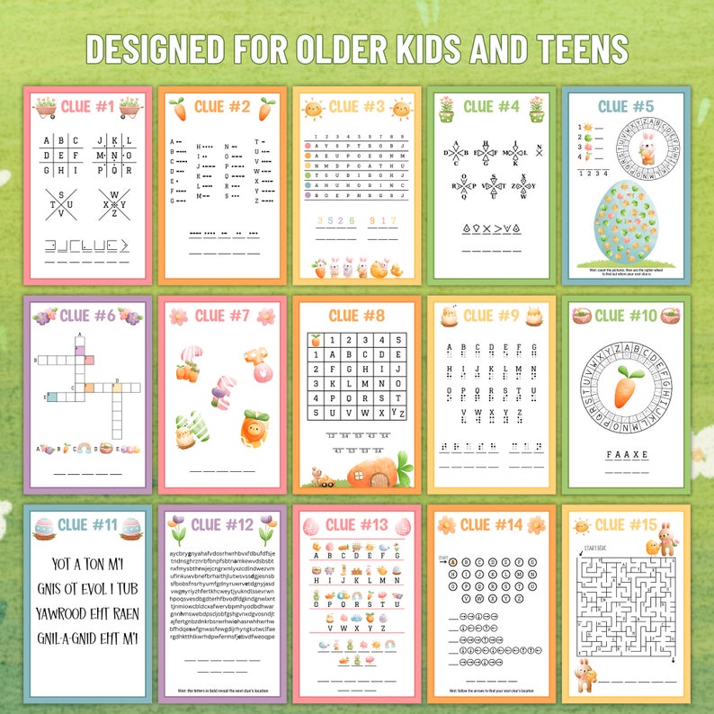 Op de afbeelding: Een printbaar paaseierenjacht spel voor oudere kinderen en tieners. Het spel bevat 15 aanwijzingen, elk met een andere puzzel of raadsel. De aanwijzingen zijn ge&iuml;llustreerd met schattige cartoonafbeeldingen van konijnen, wortels en eieren.