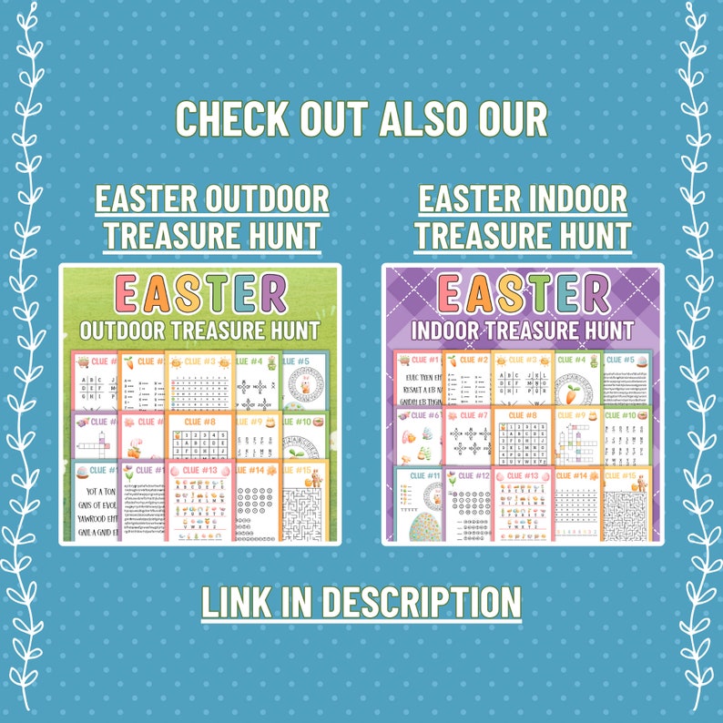 May include: A digital image of two printable Easter treasure hunt games. The top of the image says "Check out also our Easter Outdoor Treasure Hunt" and "Easter Indoor Treasure Hunt". The image shows a colorful Easter theme with a bunny, eggs, and carrots. The games are designed for children and include a variety of puzzles and riddles.