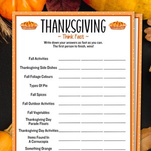 Thanksgiving Think Fast, Printable Thanksgiving Games, Printable Thanksgiving Activities, Classroom Games, Family Party Games, Kids Games