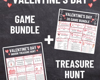 May include: A Valentine's Day game bundle with a pink and white color scheme. The bundle includes a 30 game bundle and a Valentine's Day indoor treasure hunt. The treasure hunt includes 12 clues with different puzzles to solve.