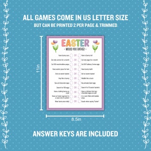 May include: A printable Easter-themed "Would You Rather" game with 10 questions. The game is 8.5 inches wide and 11 inches tall. The game is printed on white paper with a purple and pink border. The game is decorated with flowers and the words "Easter - Would You Rather".