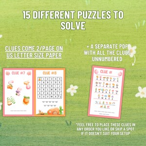 Op de afbeelding: Een set van 15 printbare paaspuzzels met een roze en oranje kleurenschema. De puzzels zijn genummerd van 1 tot 15 en bevatten een aparte PDF met alle ongenummerde aanwijzingen. De tekst op de afbeelding luidt "15 verschillende puzzels om op te lossen" en "Aanwijzingen komen op 2 pagina's in US Letter-formaat".