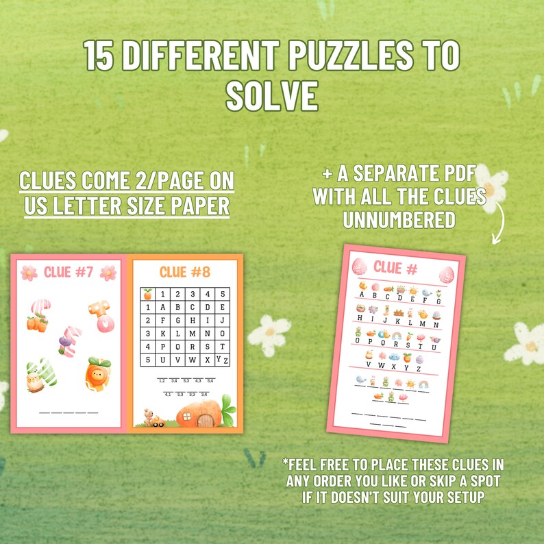 Op de afbeelding: Een set van 15 printbare paaspuzzels met een roze en oranje kleurenschema. De puzzels zijn genummerd van 1 tot 15 en bevatten een aparte PDF met alle ongenummerde aanwijzingen. De tekst op de afbeelding luidt "15 verschillende puzzels om op te lossen" en "Aanwijzingen komen op 2 pagina's in US Letter-formaat".
