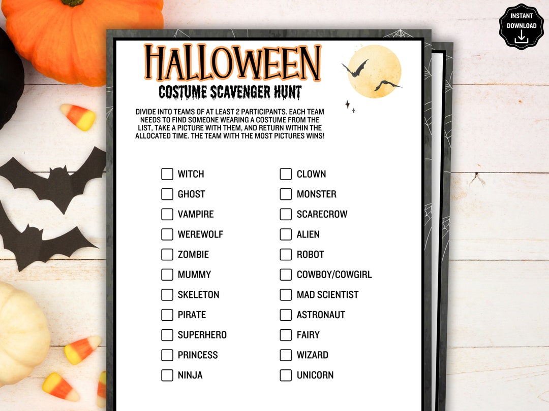 Costume Scavenger Hunt, Halloween Scavenger Hunt, Halloween Party
