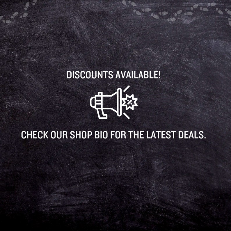 May include: Blackboard with white chalk writing that says "Discounts Available!" with a white outline of a megaphone with a starburst and a percent sign inside. Below the megaphone is the text "Check our shop bio for the latest deals."