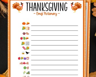 Pictionary de Emoji de Acción de Gracias, Juegos de Acción de Gracias imprimibles, Juegos y actividades de fiesta de Acción de Gracias, Juegos imprimibles, Juegos familiares