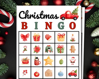Peut inclure: Un carton de bingo de Noël avec un camion rouge transportant un sapin de Noël sur le toit. Le carton comporte 25 cases avec différentes images de Noël, notamment un nœud, une boîte cadeau, une moufle, une bougie, une canne en sucre, un poinsettia, un bonhomme de neige, un bonhomme en pain d'épices, un traîneau, une tasse, une étoile, une boule de Noël, un Père Noël, une branche de baies, une boule de Noël en forme de cœur, une maison en pain d'épices et une boule de Noël bleue.