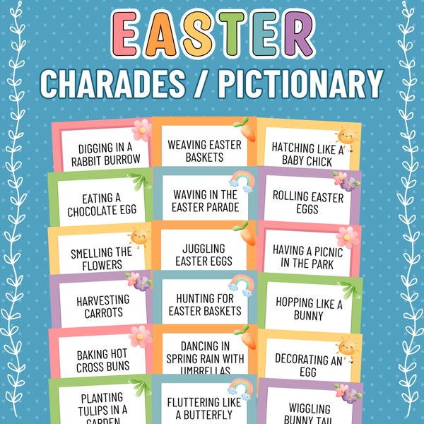 Charadas de Pascua, Pictionary de Pascua, Juegos de aula de Pascua, Juegos familiares de Pascua, Juegos de fiesta de Pascua, Juegos y actividades de Pascua imprimibles