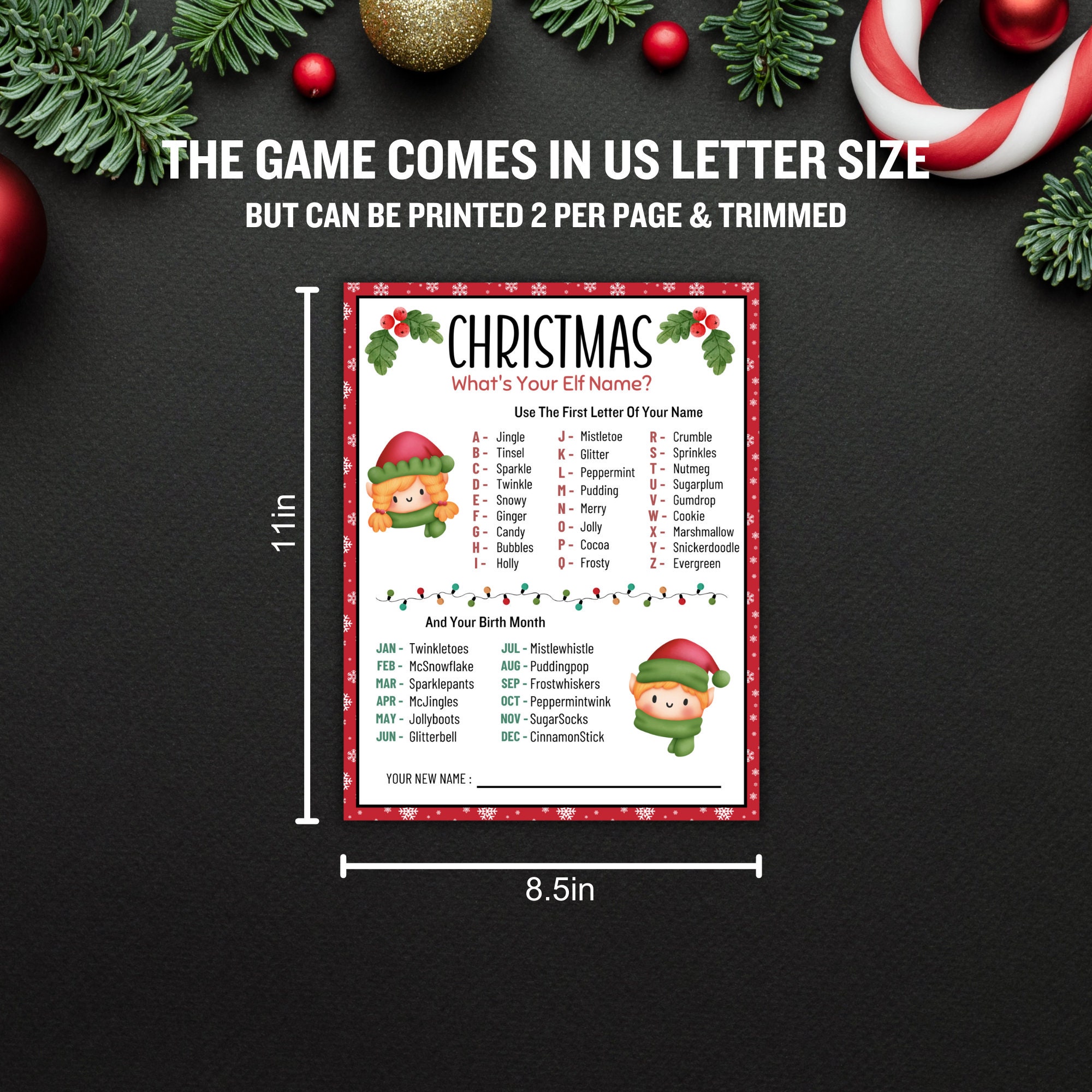 What's Your Elf Name Christmas Game - Foldable Sign & 50 Guess Cards, Fun For Family Parties & Holiday Gatherings