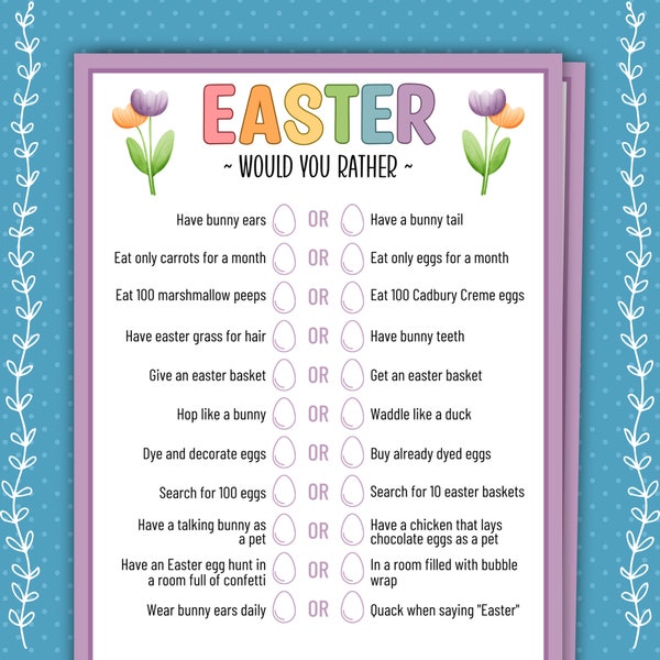 Easter Would You Rather, Easter Games and Activities, Printable Games, Family Games, Classroom Games, Easter Party Games