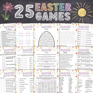 Puede incluir: Un conjunto de 25 juegos de Pascua imprimibles para niños. Los juegos incluyen una variedad de actividades como búsquedas de palabras, laberintos, trivial, bingo y más. Los juegos están decorados con un esquema de color pastel y presentan imágenes de huevos de Pascua, conejos y flores.