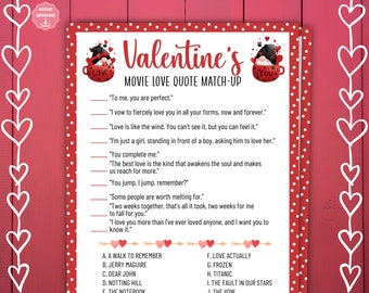 Movie Love Quote Match-up, Valentine's Party Games, Valentine's Day Games and Activities, Printable Valentine's Day Games, Family Games