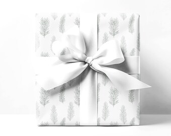Minimalistic Christmas Gift Wrap Paper: White & Green Pine Tree Branch
