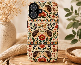 Folk Art Hedgehog Phone Case, Cottagecore Woodland iPhone Case, Floral Hedgehog Phone Cover, Nature Inspired Case, Forest Aesthetic Gift