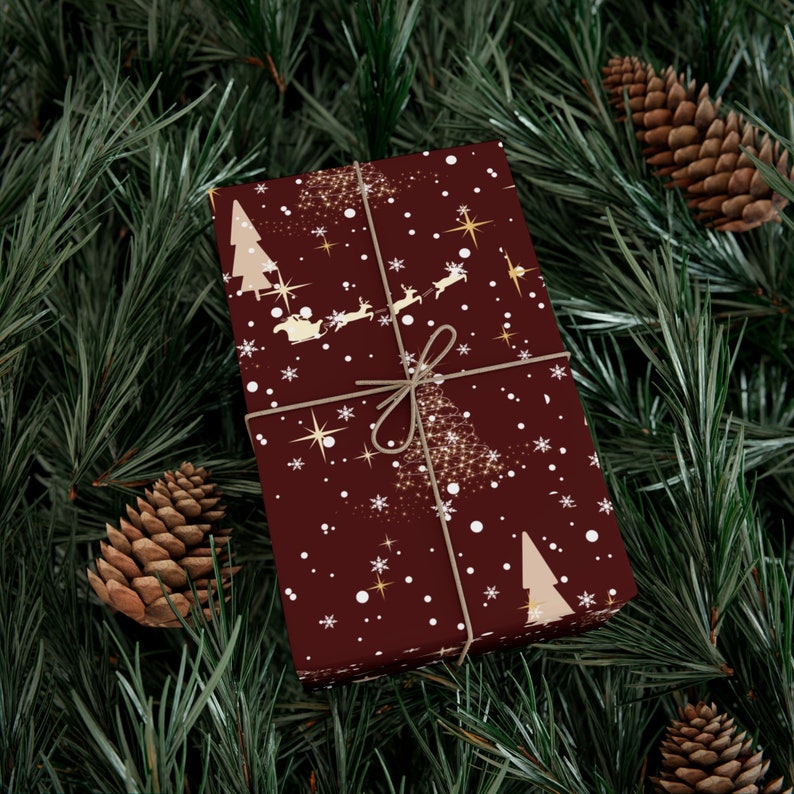 Burgundy Red Christmas Gift Wrapping Paper with Beige Design (Raindeers, Christmas trees, celestial design)
