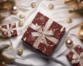 Burgundy Red Christmas Gift Wrap: Festive Reindeer, Trees & Celestial Design