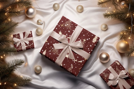 Burgundy Celestial Christmas Gift Wrapping Paper, Luxury Holiday Gift Wrap, Festive Reindeer Red & Gold Xmas Present Wrap, Secret Santa