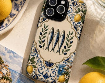 Mediterranean Sardine Phone Case, Coastal Ceramic Blue Tile with Lemons iPhone Shell - Summer Samsung Galaxy Google Pixel Cover